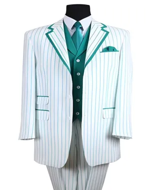 35 Inch White/Turquoise Seersucker Summer Pattern Vested 3 ~ Three Piece Tuxedo Pinstripe Striped Prom ~ Wedding Groomsmen Three Button Zoot Suit - Pimp Suit - Zuit Suit