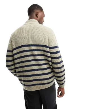 ASOS Oversized 1/4 Rib Knit Jumper in Stone and Navy Stripes