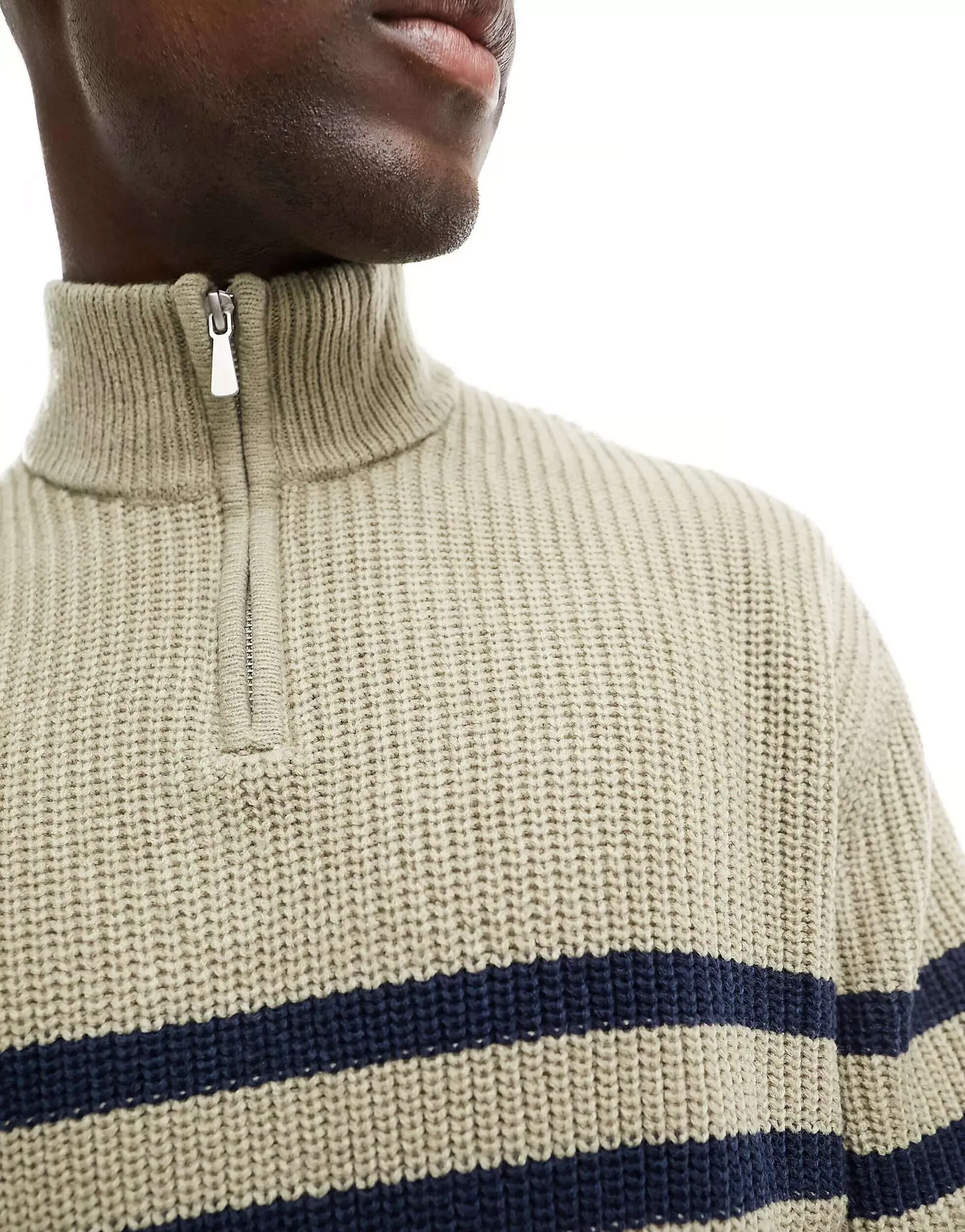 ASOS Oversized 1/4 Rib Knit Jumper in Stone and Navy Stripes