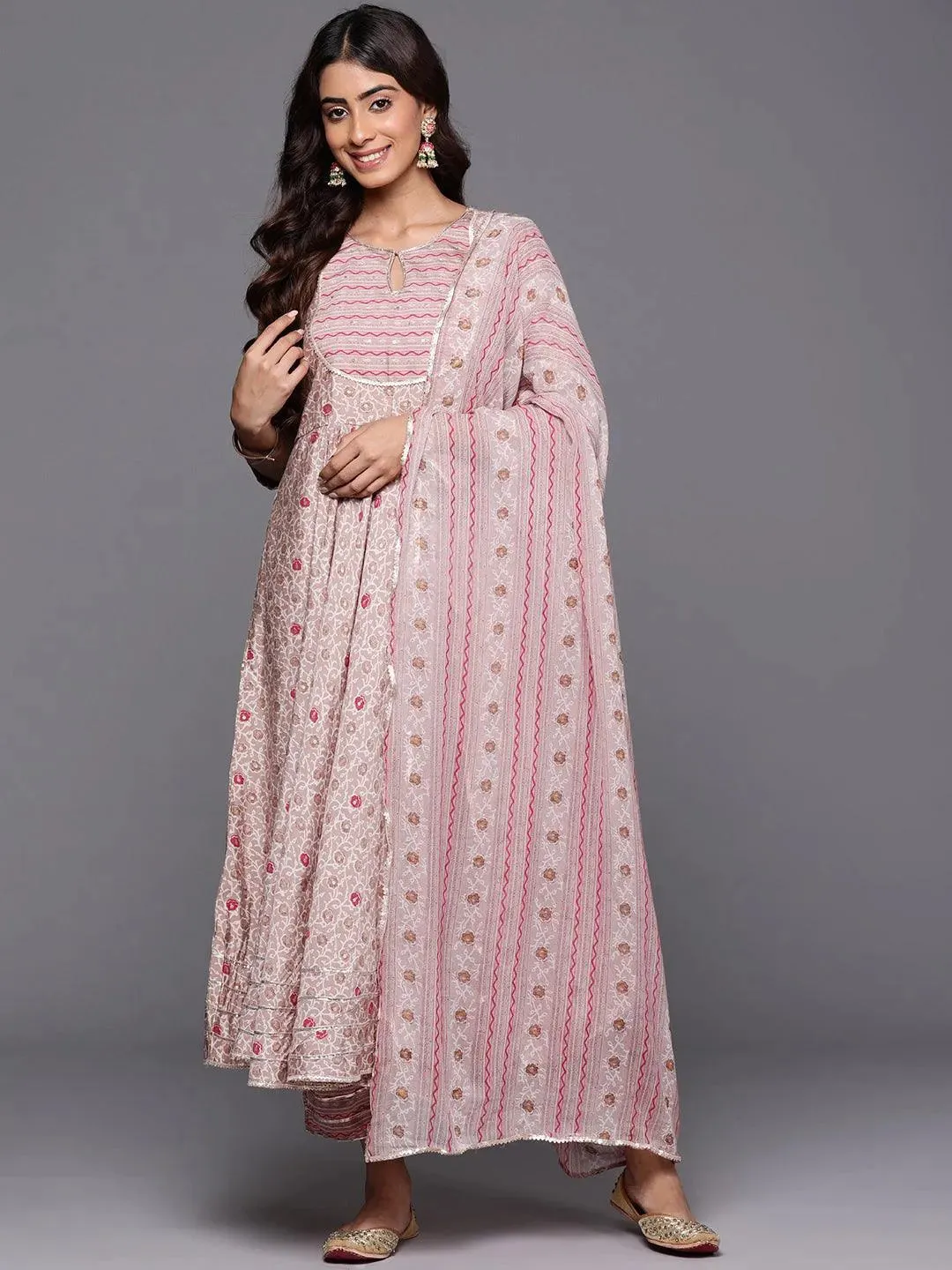 Beige Printed Silk Blend Anarkali Suit With Dupatta