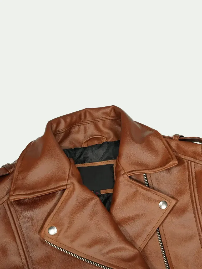 Biker Lapel Style Brown Leather Jacket