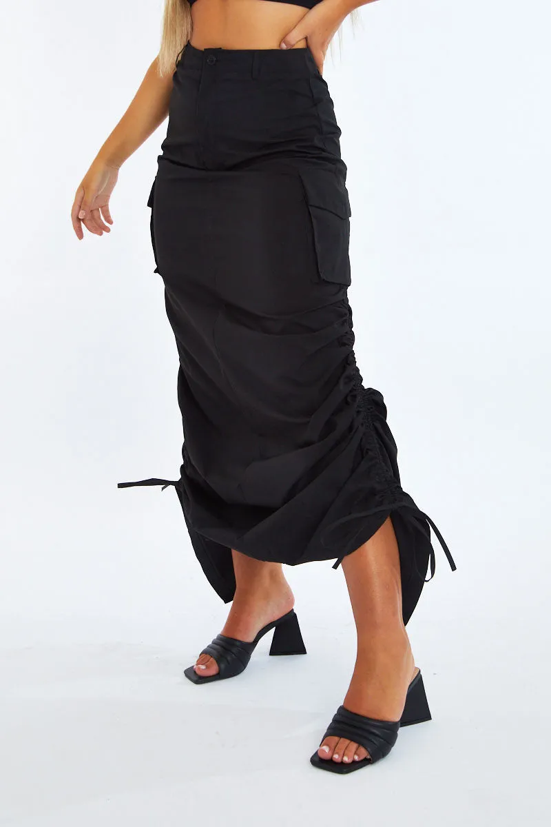 Black Cargo Side Ruched Maxi Skirt - Nikita