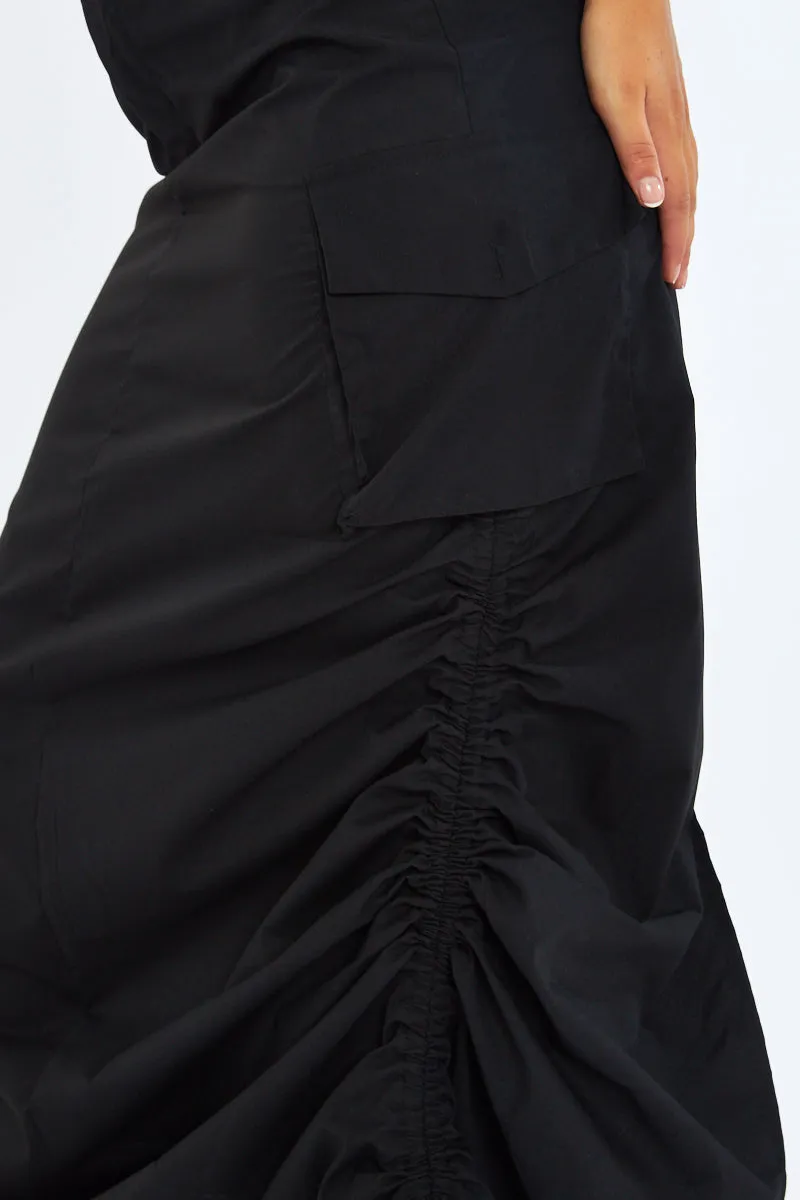 Black Cargo Side Ruched Maxi Skirt - Nikita