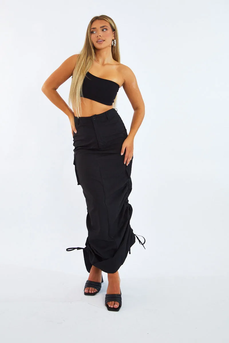 Black Cargo Side Ruched Maxi Skirt - Nikita