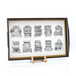 Black Lacquer Tray - Black & White Shophouses