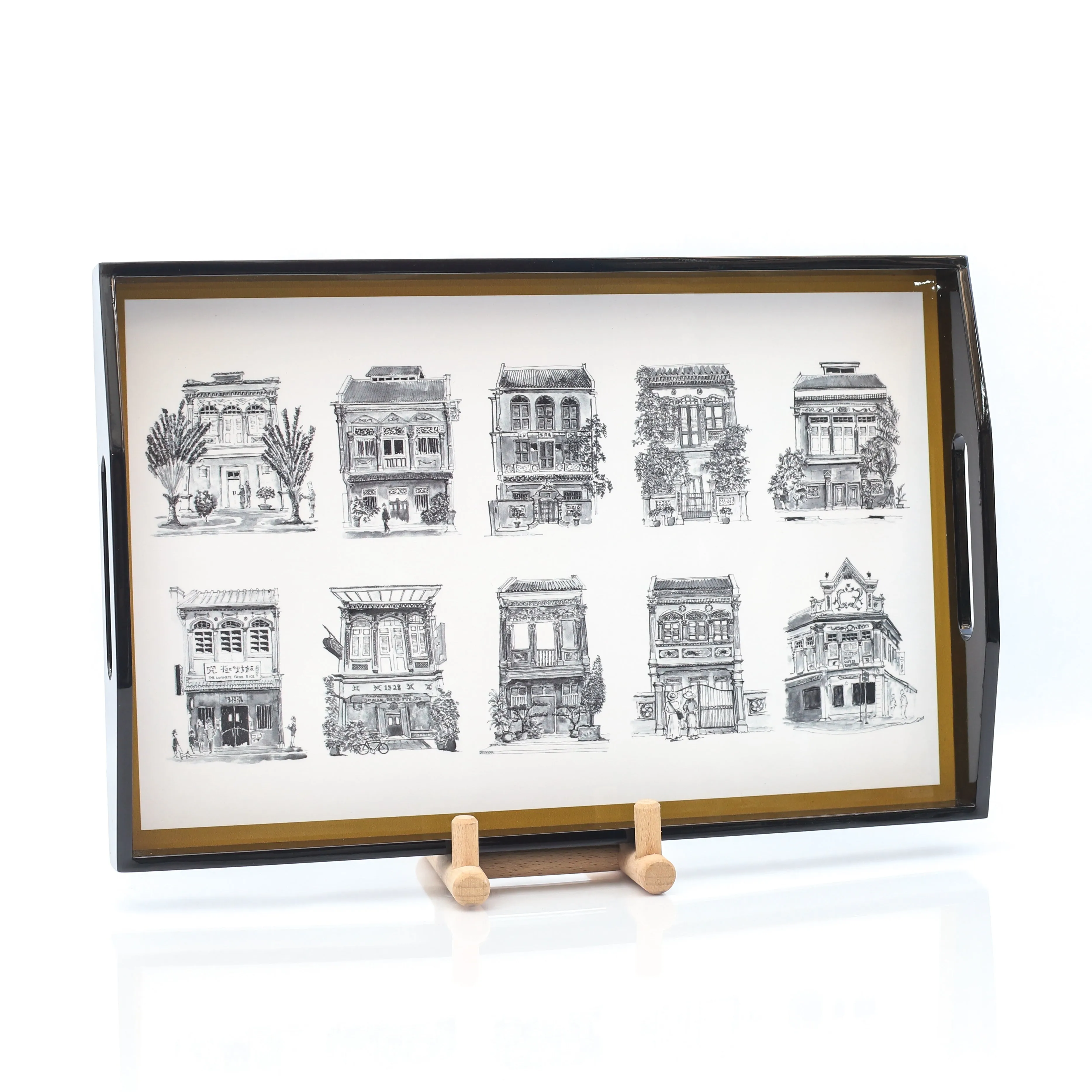 Black Lacquer Tray - Black & White Shophouses