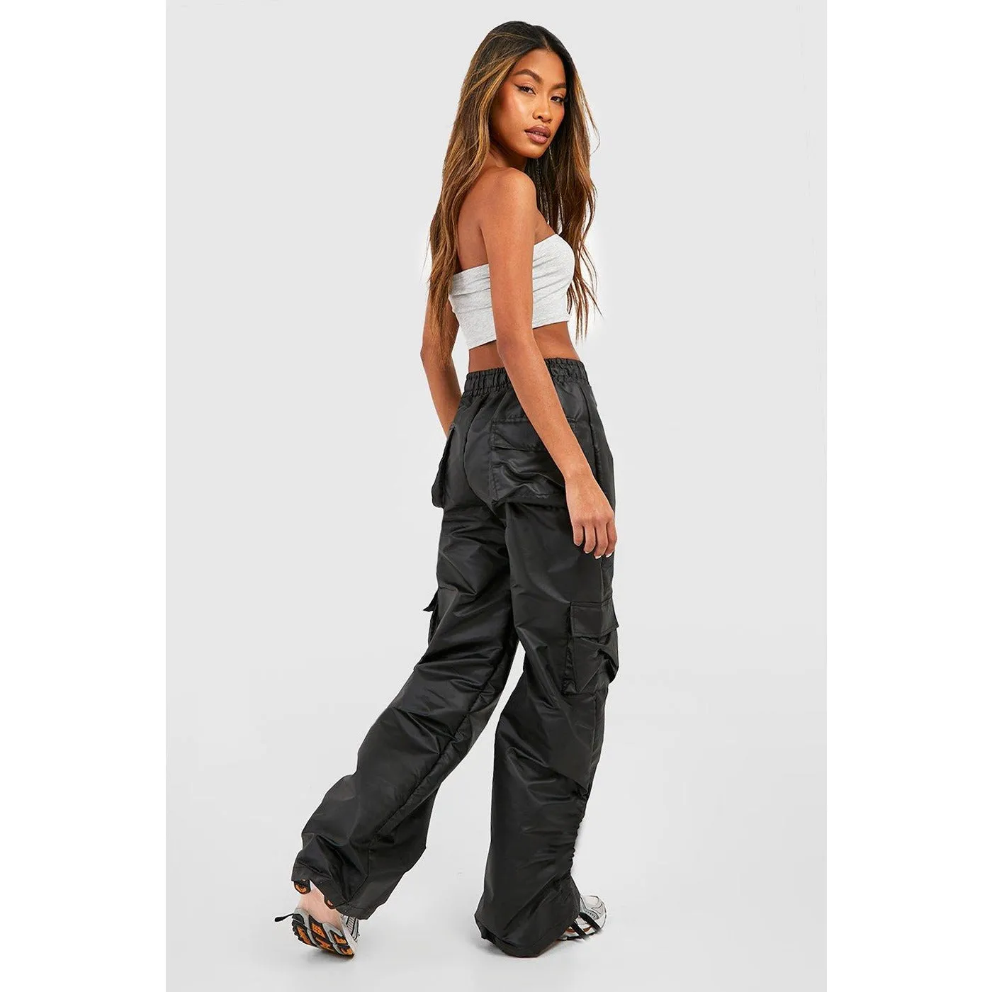 Black Wide Leg Faux Cargo Trousers