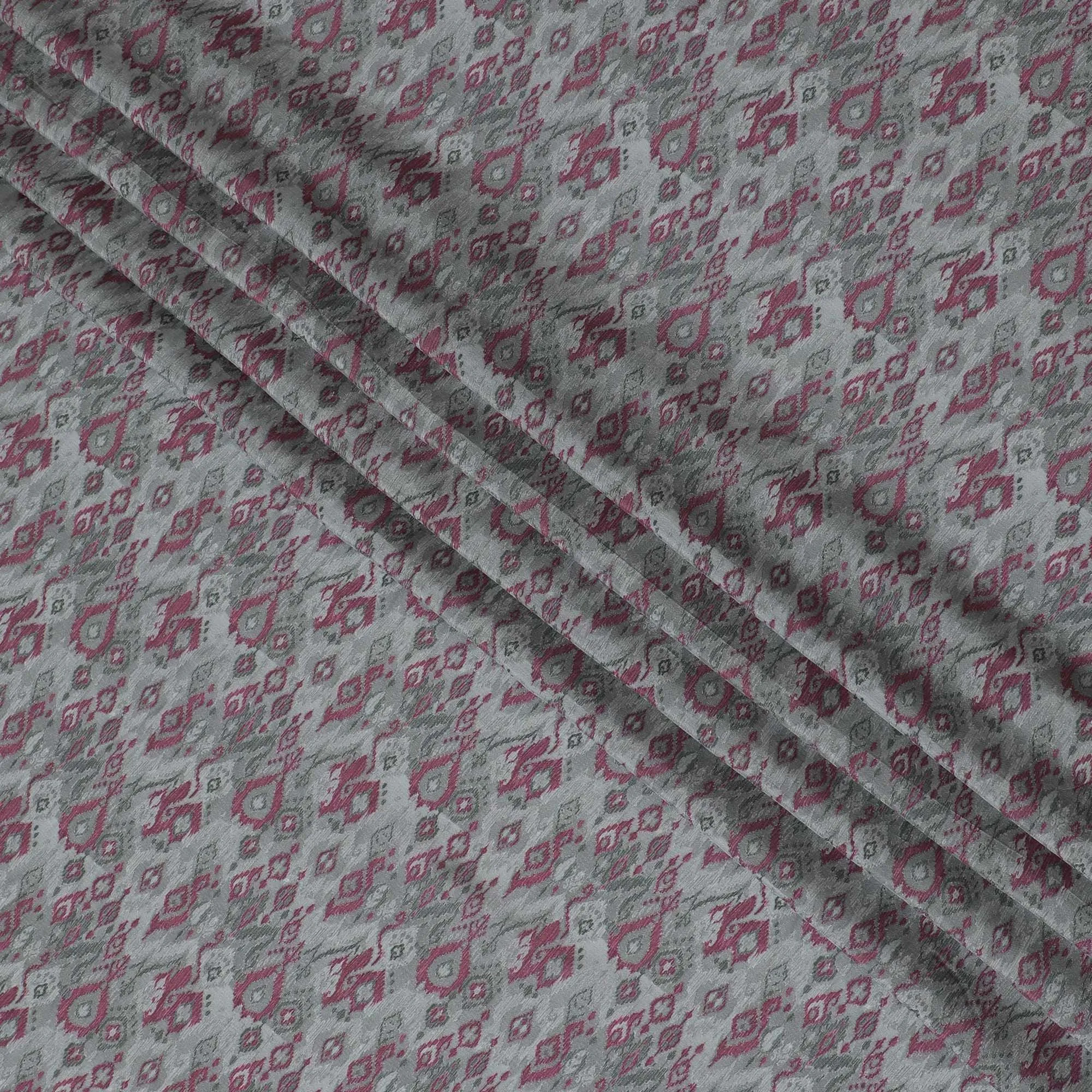 Boho Chic Viscose Crepe Fabric - Eclectic Grey & Pink Pattern, 110cm Width (India)  - D17644