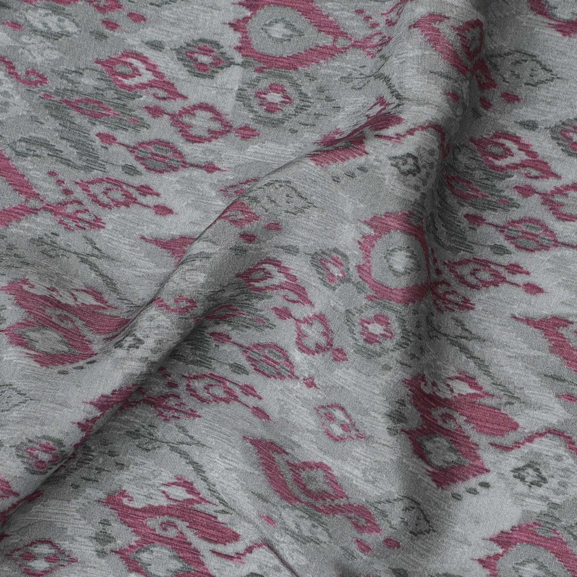 Boho Chic Viscose Crepe Fabric - Eclectic Grey & Pink Pattern, 110cm Width (India)  - D17644