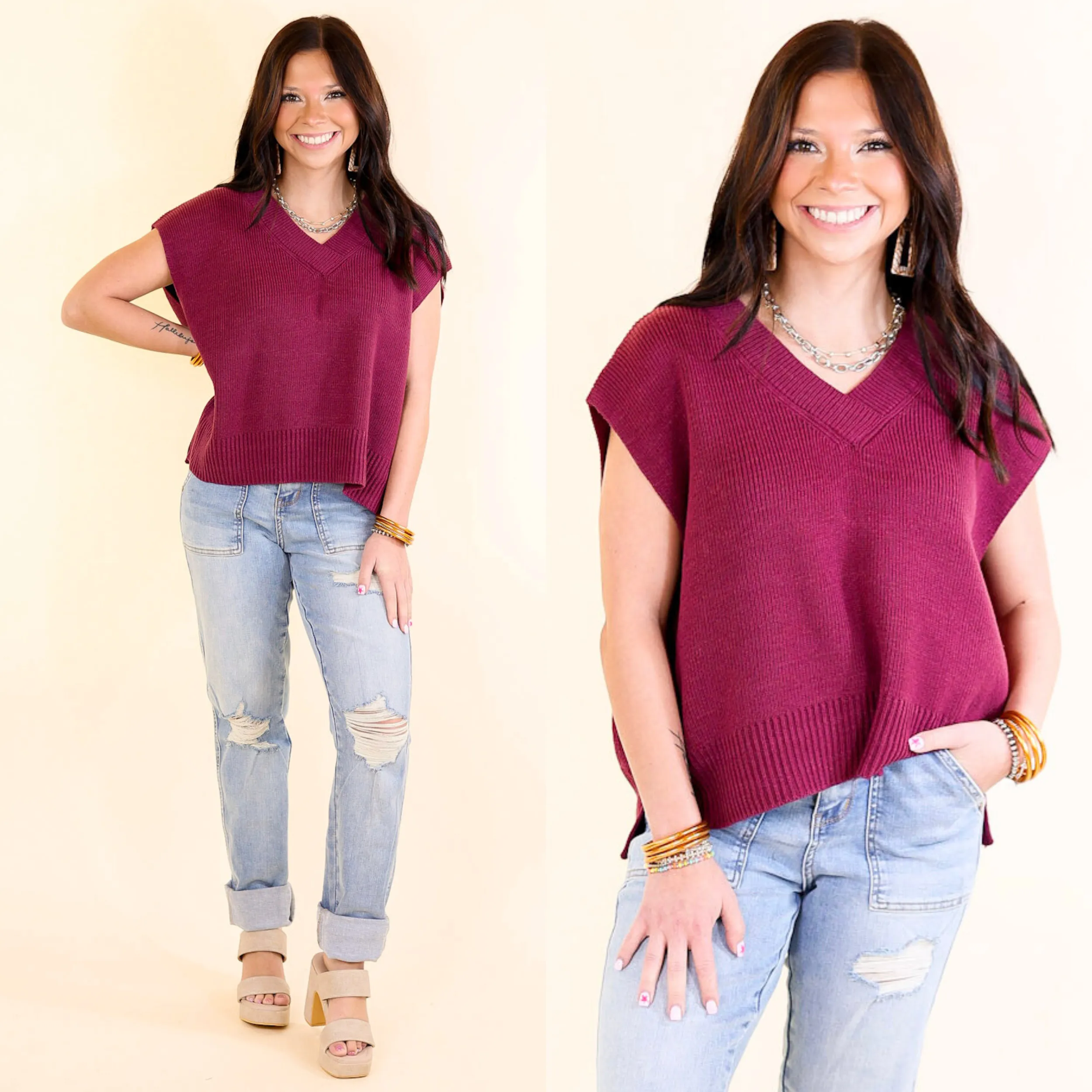 Chic Layers Cap Sleeve V Neck Sweater in Maroon