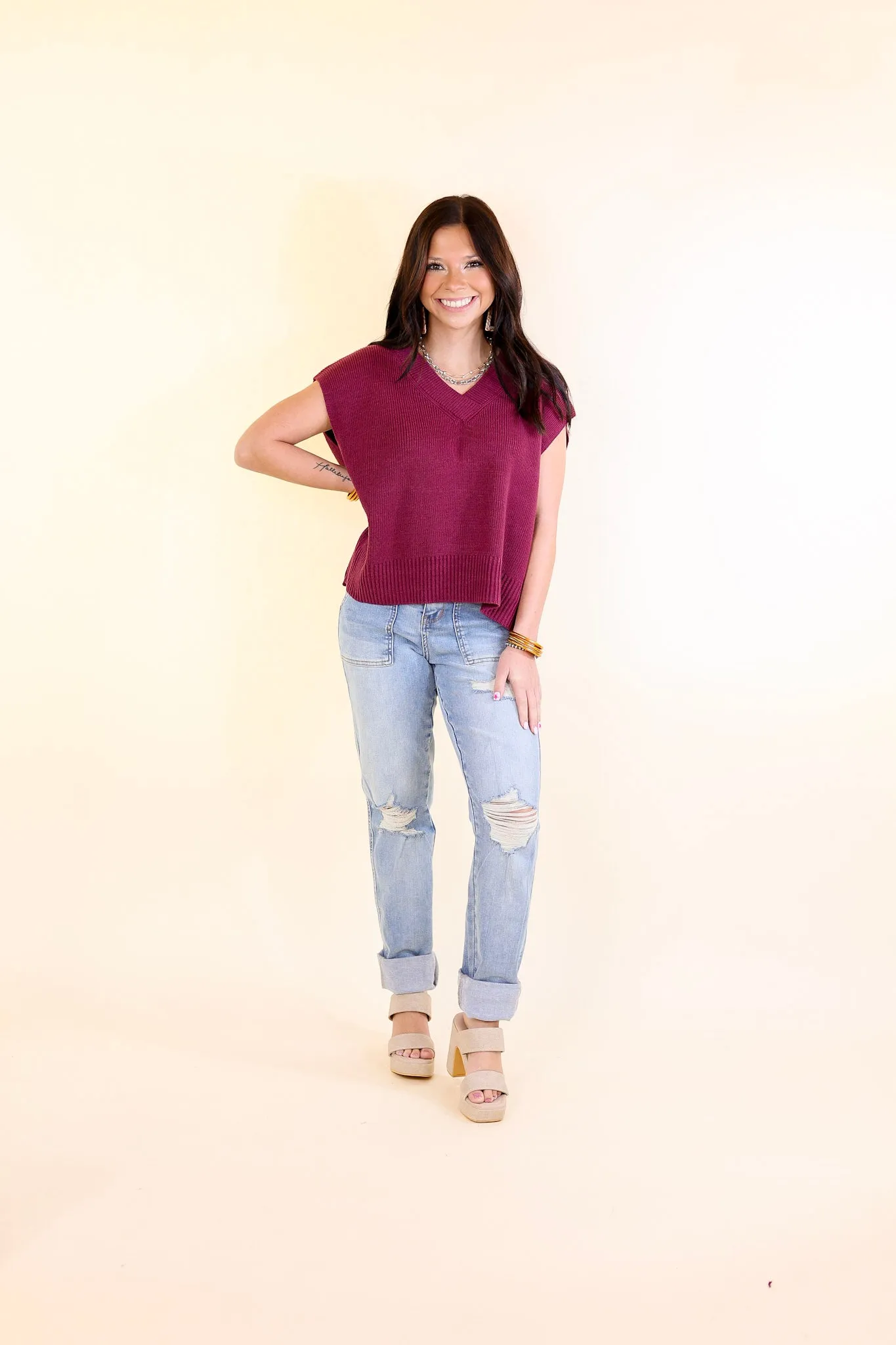 Chic Layers Cap Sleeve V Neck Sweater in Maroon