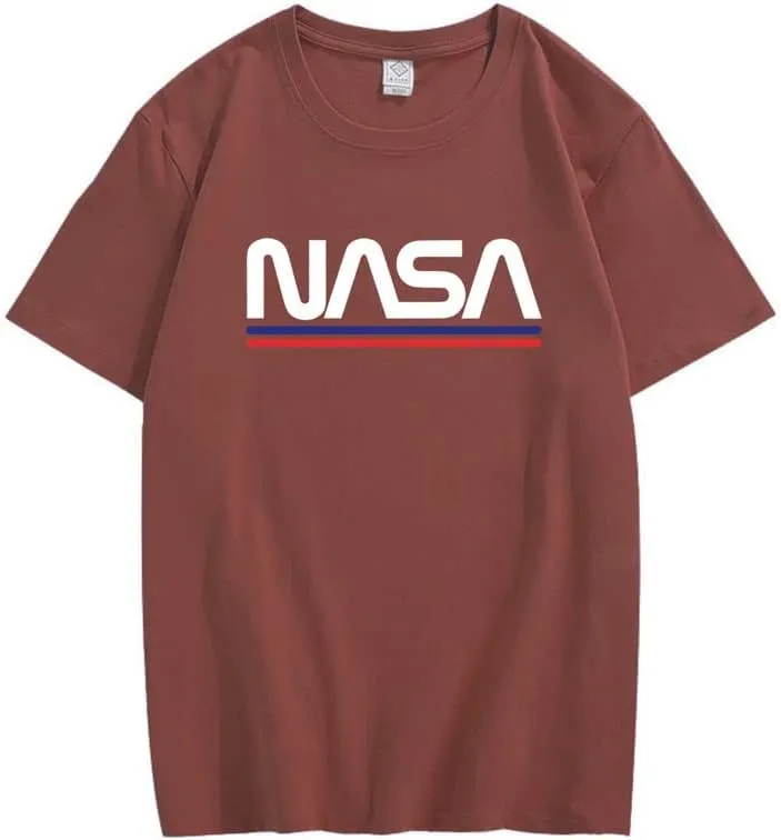 CORIRESHA Teen NASA Letter Print Casual Crew Neck Short Sleeve Basic Cotton T-Shirt