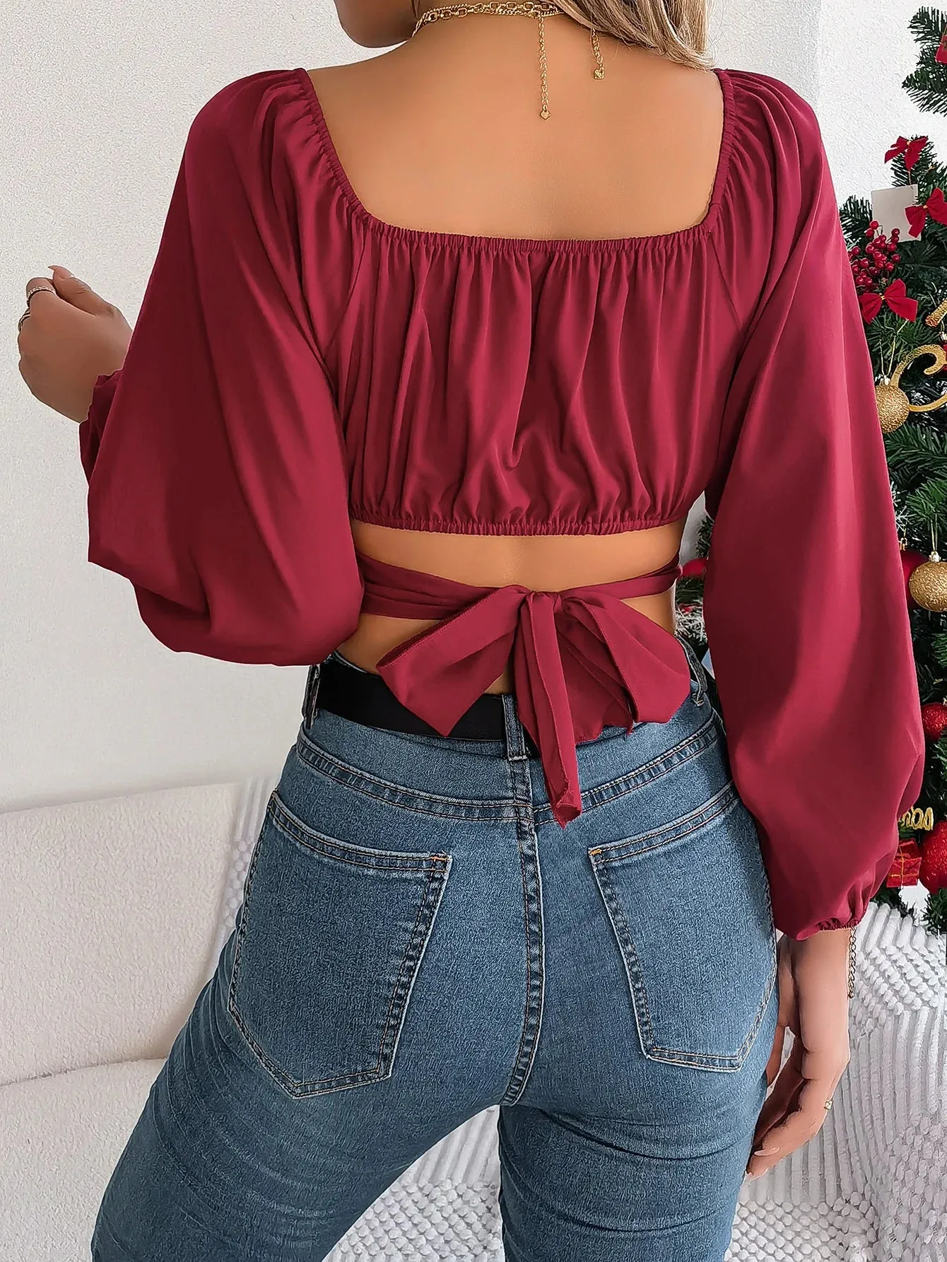 Crop Slim Cross Sleeve Casual Neck Square Tie Lantern Back Blouse