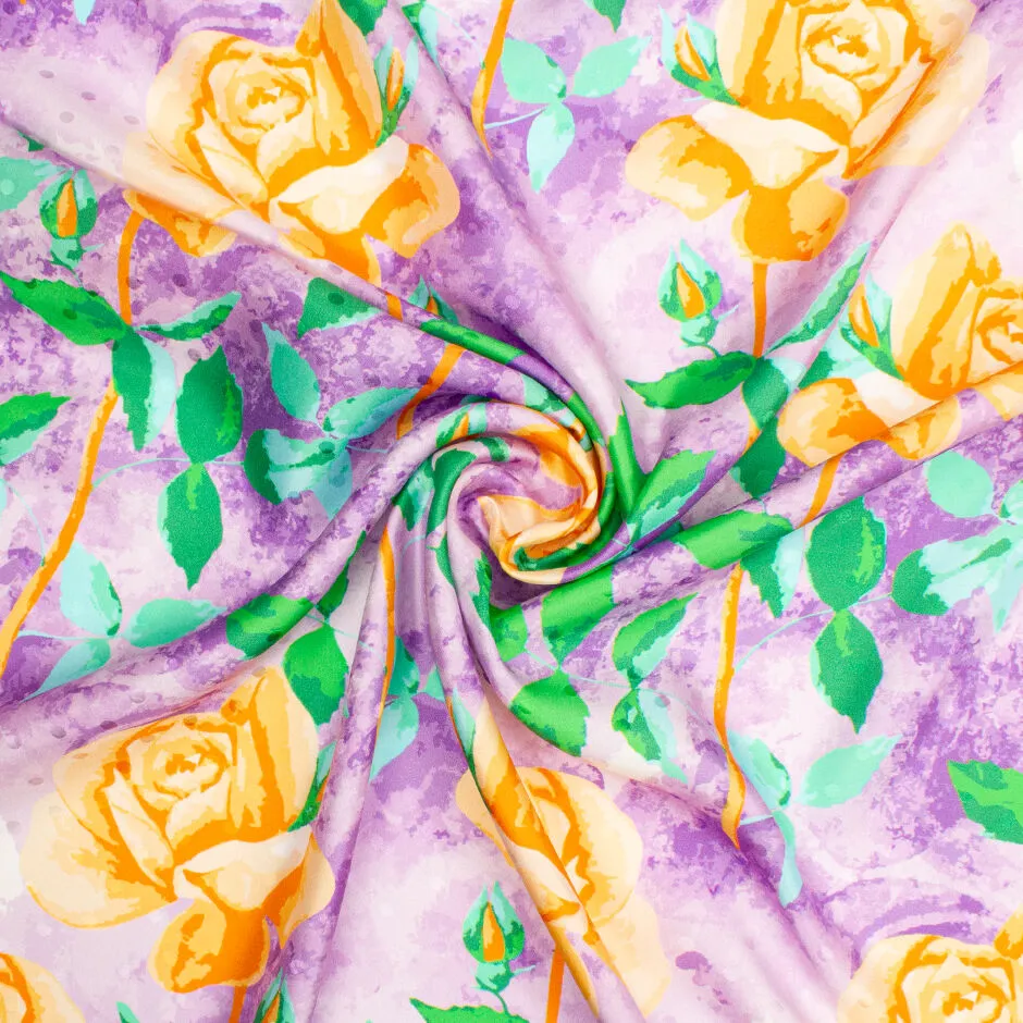 Deep Yellow Rose Printed Purple Silk Jacquard