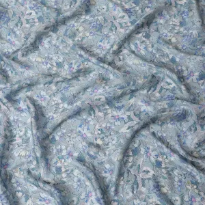 Delicate Blue and Lavender Floral Modal Satin Fabric - 110 cm Width, Soft Elegant Material from India-D19225