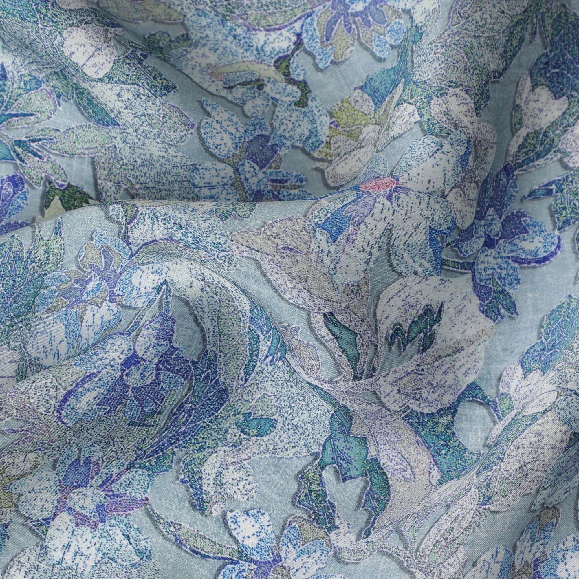 Delicate Blue and Lavender Floral Modal Satin Fabric - 110 cm Width, Soft Elegant Material from India-D19225