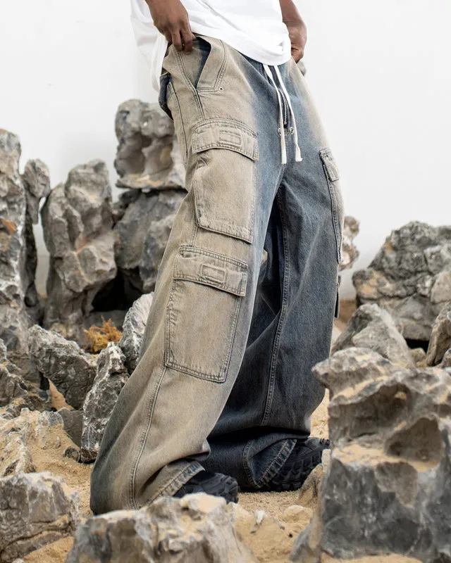 Distressed Multi-Pocket Wide-Leg Cargo Pants