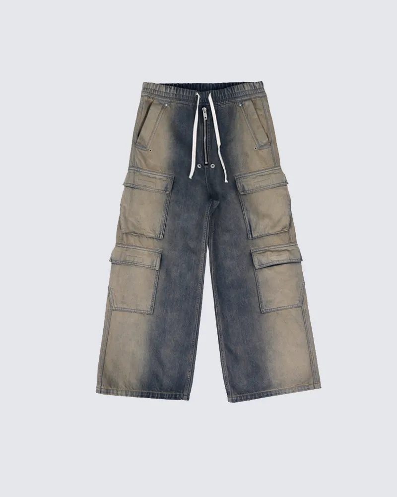 Distressed Multi-Pocket Wide-Leg Cargo Pants