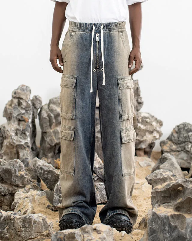 Distressed Multi-Pocket Wide-Leg Cargo Pants