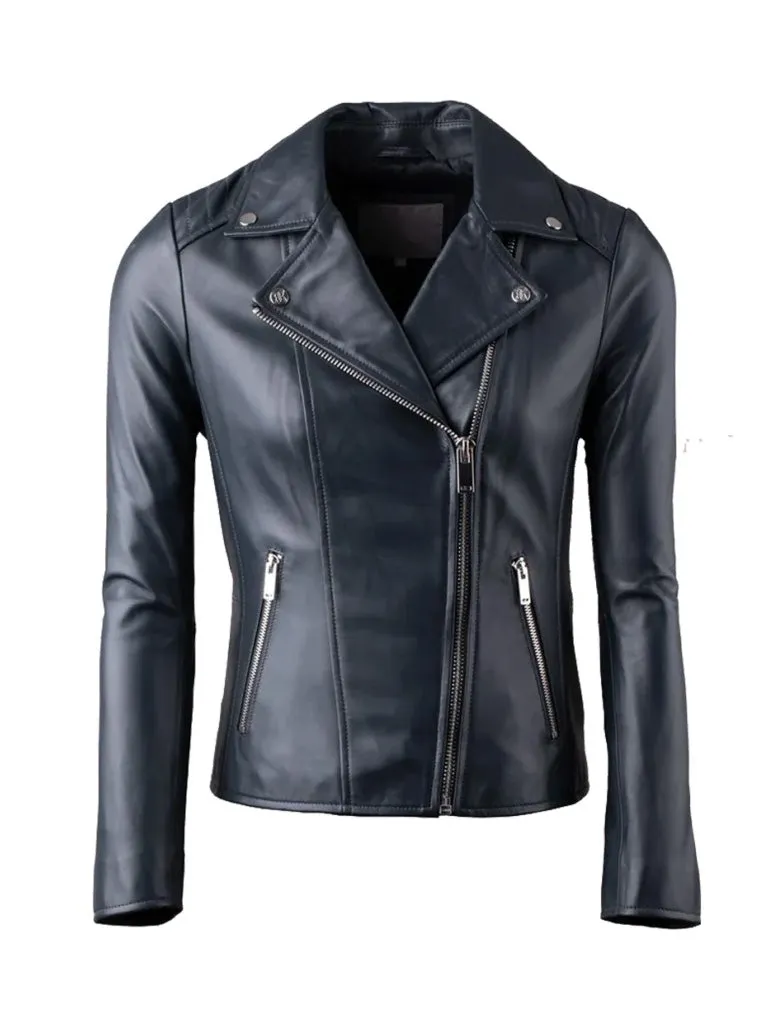 Down Collar Style Black Leather Jacket