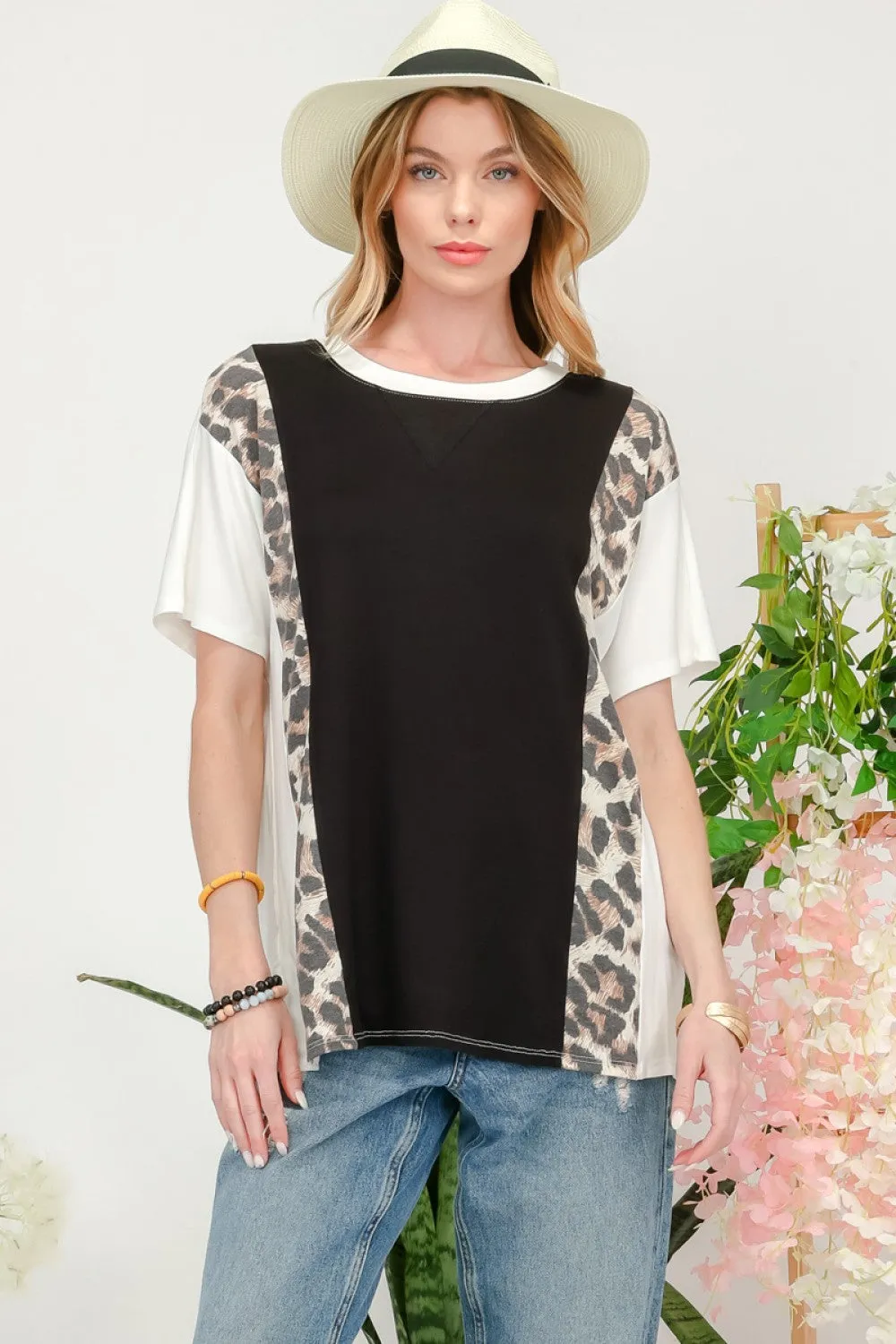 Full Size Leopard Color Block T-Shirt