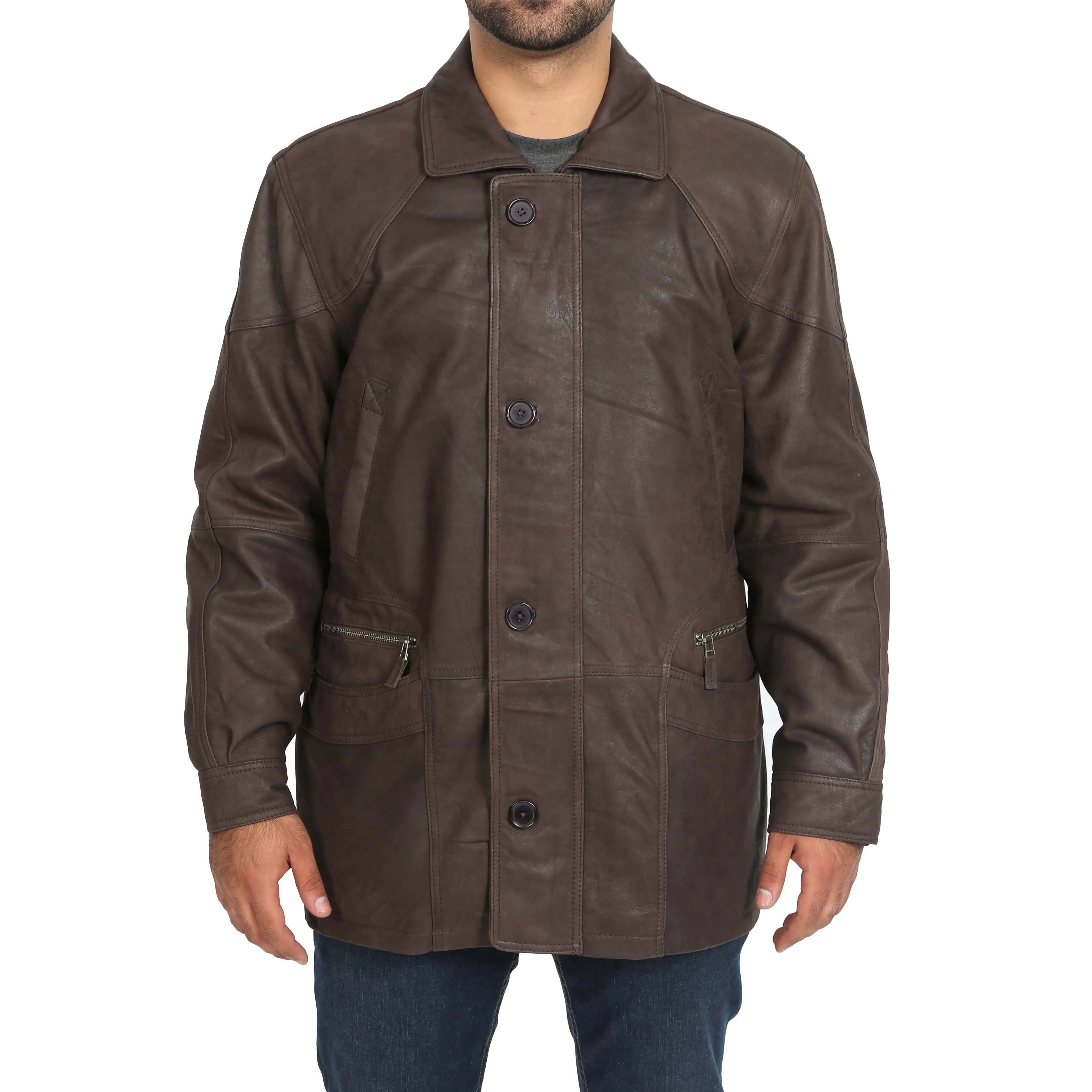 Gents Classic Soft Leather Parka Overcoat Clive Brown