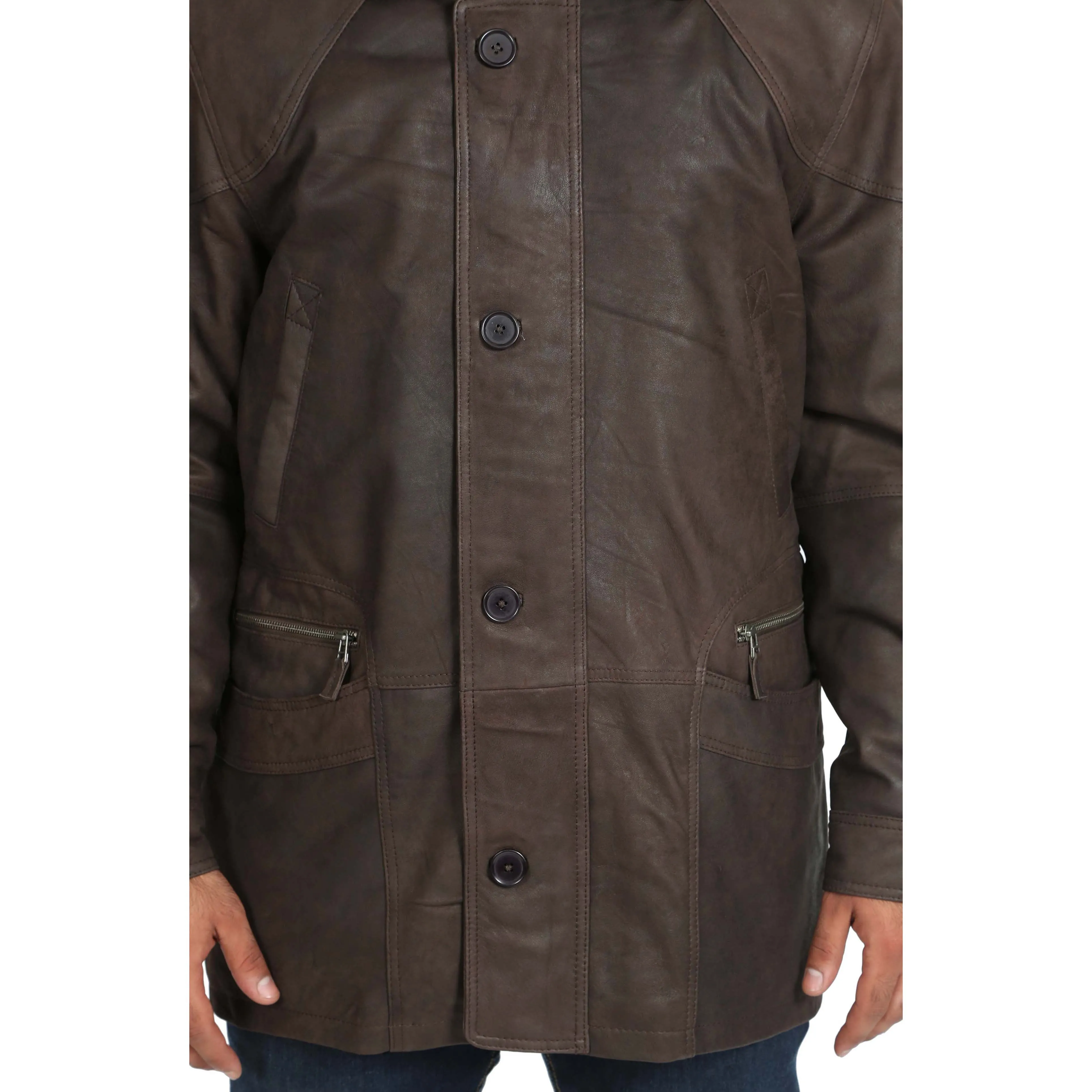 Gents Classic Soft Leather Parka Overcoat Clive Brown