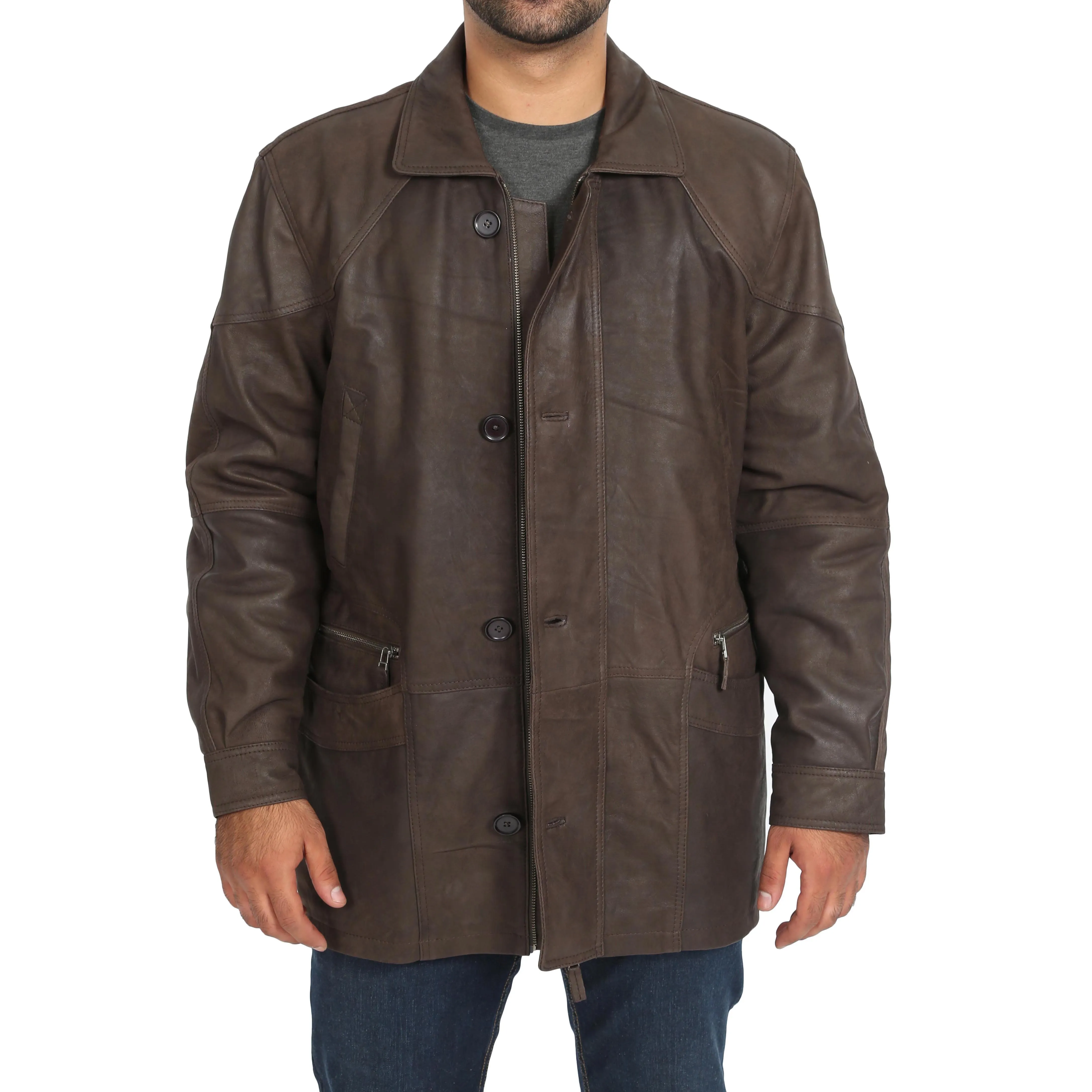 Gents Classic Soft Leather Parka Overcoat Clive Brown