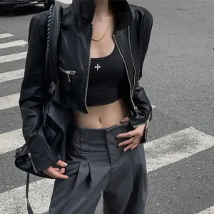 Girlary Cropped Leather Jacket Women Vintage Black Streetwear Motorcycle Jackets Gothic Style Racing Jackets Korean Fashion