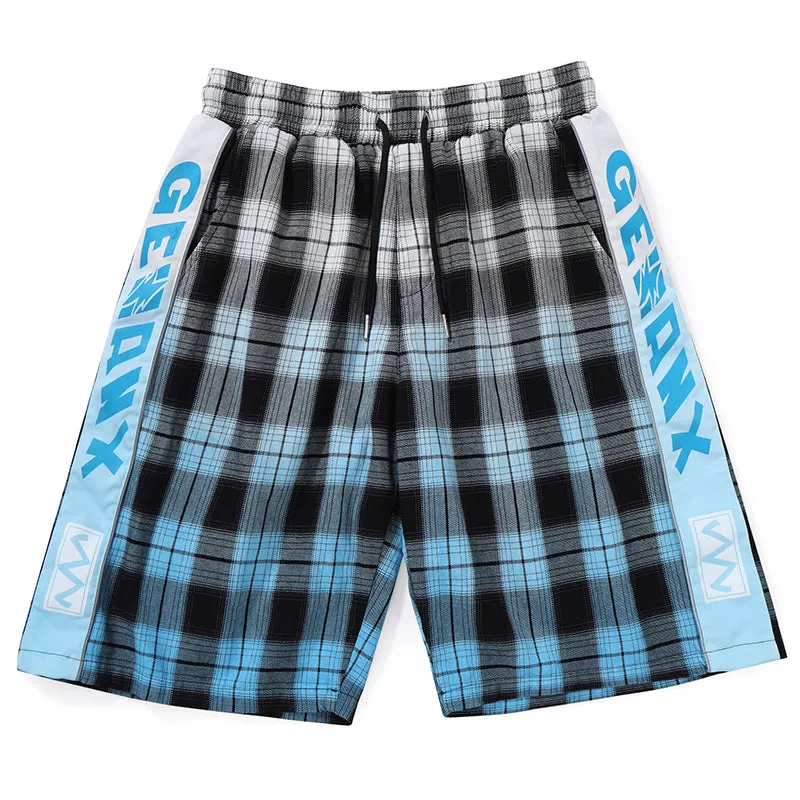 Gradient Color Block Plaid Letter Print Cotton Shorts