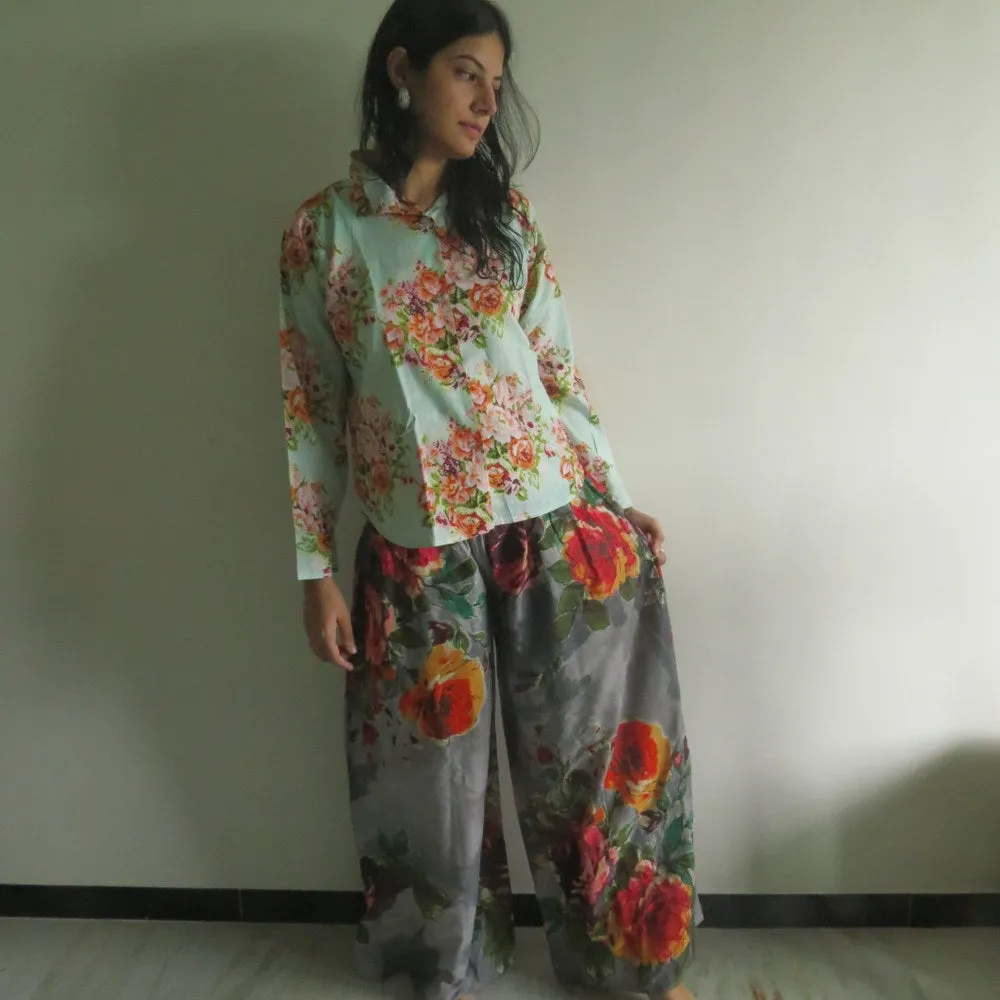 Gray Floral Wide Legged Elastic Pajamas