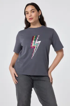 Grey with Multi Coloured Sequin and Foil Lightning Bolt T-Shirt