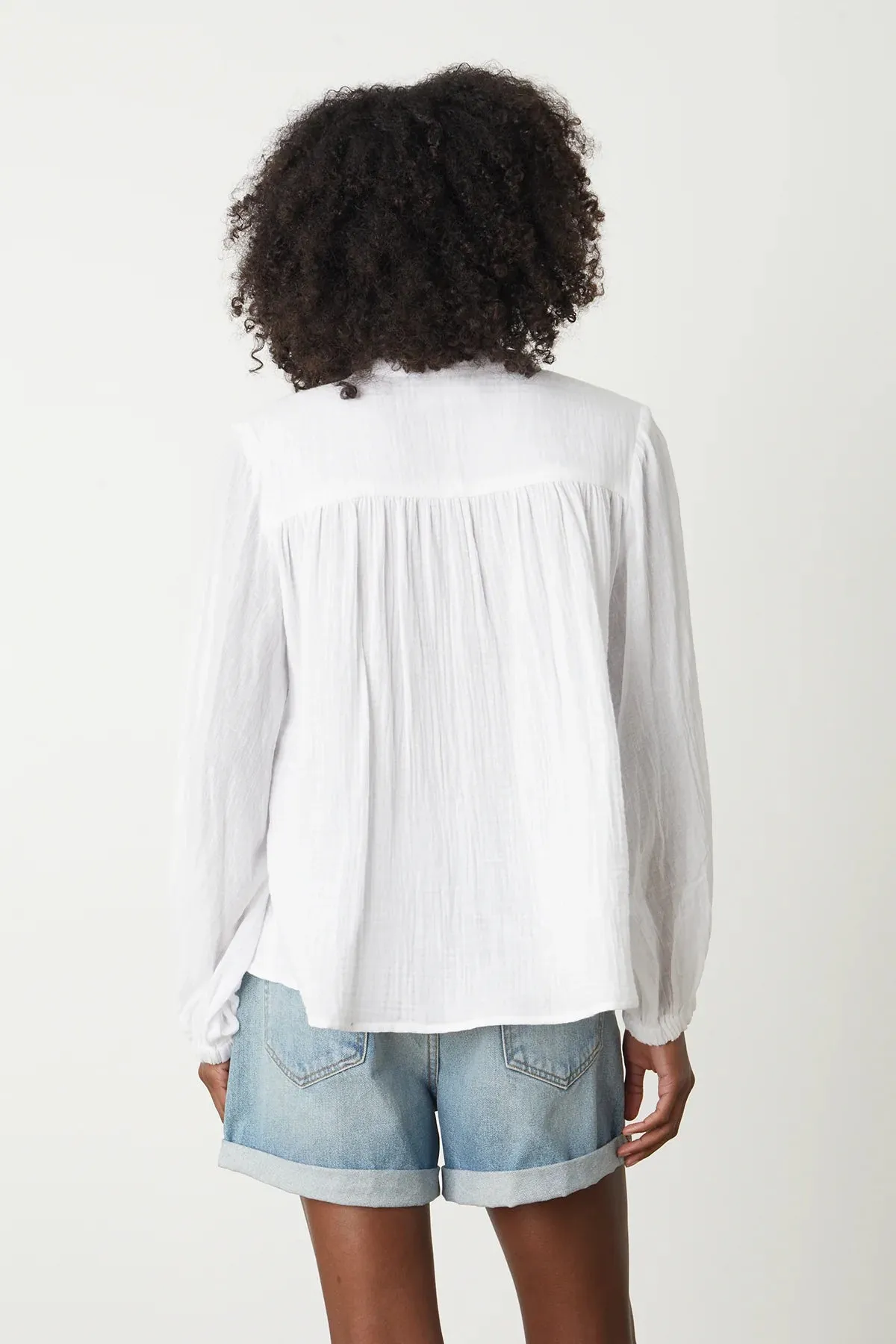 KATHLEEN Long Sleeve Tie Neck Top in White