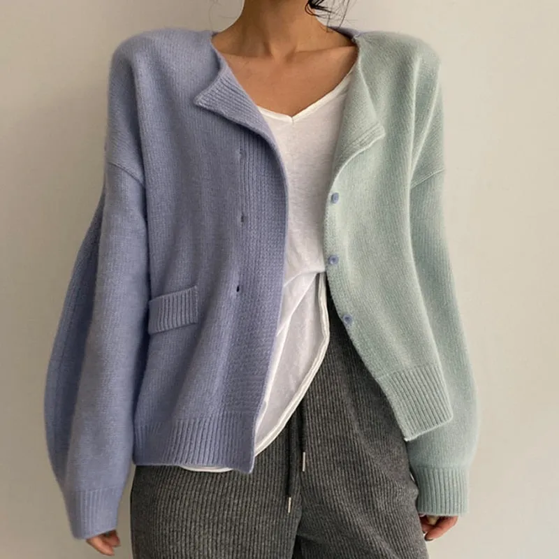 [Korean Style] Bicolor Patch Cardigan Knit Top