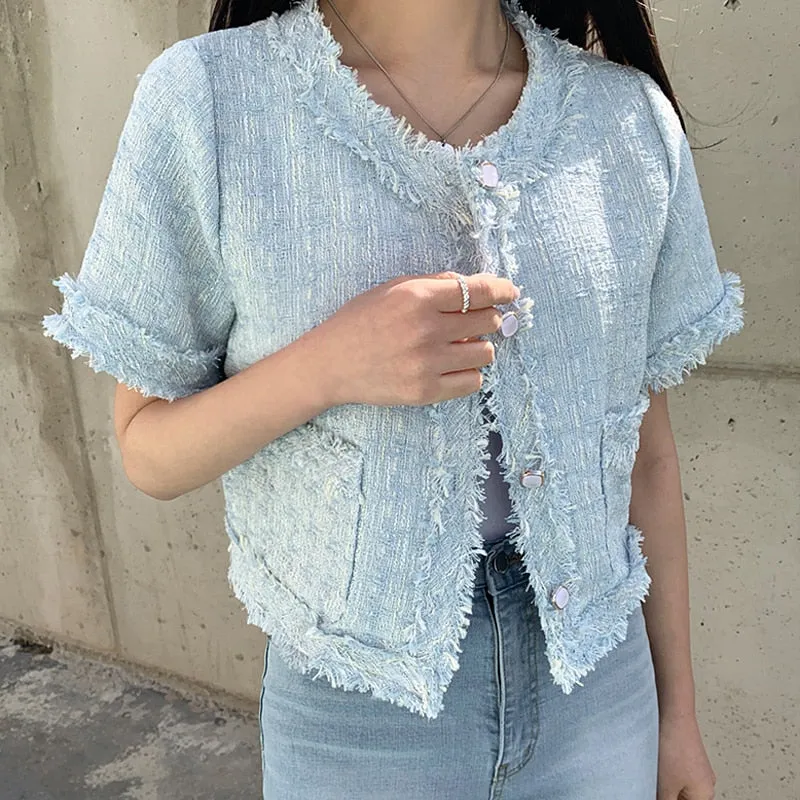 [Korean Style] Cadet Blue Collarless Cropped Tweed Jacket