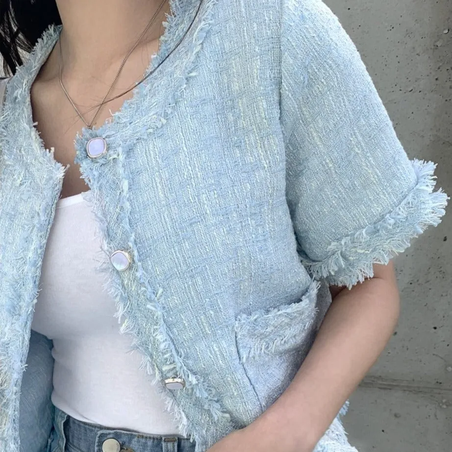 [Korean Style] Cadet Blue Collarless Cropped Tweed Jacket