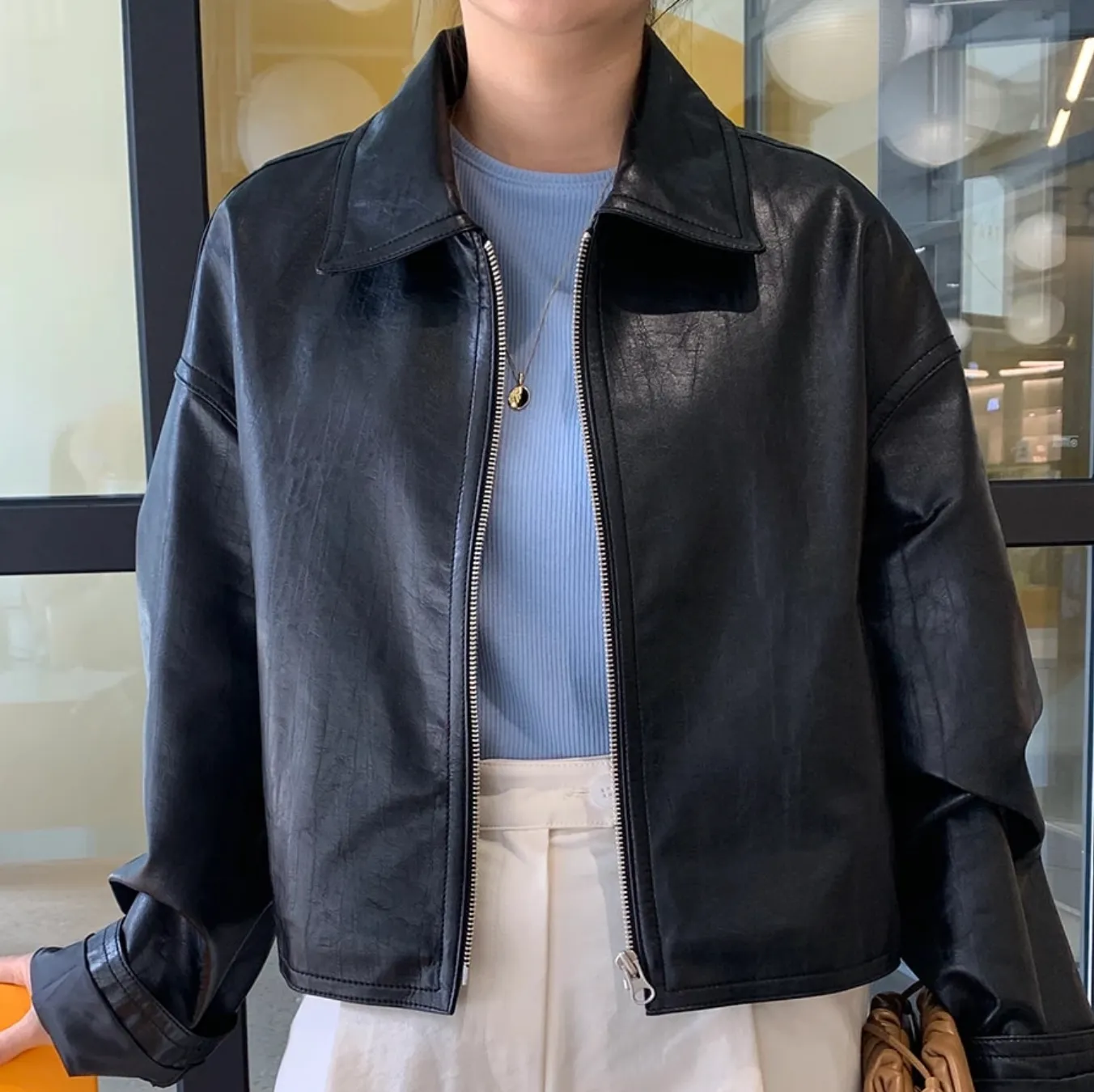 [Korean Style] Faux Leather Dropped Shoulder Zipper Crop Jacket