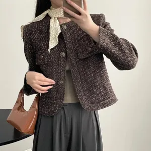 [Korean Style] High Quality Collarless Crop Tweed Jacket