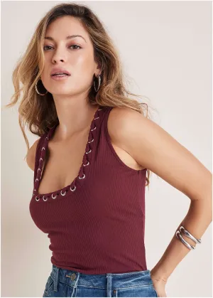 Lace-Up Square Neck Tank - Wine