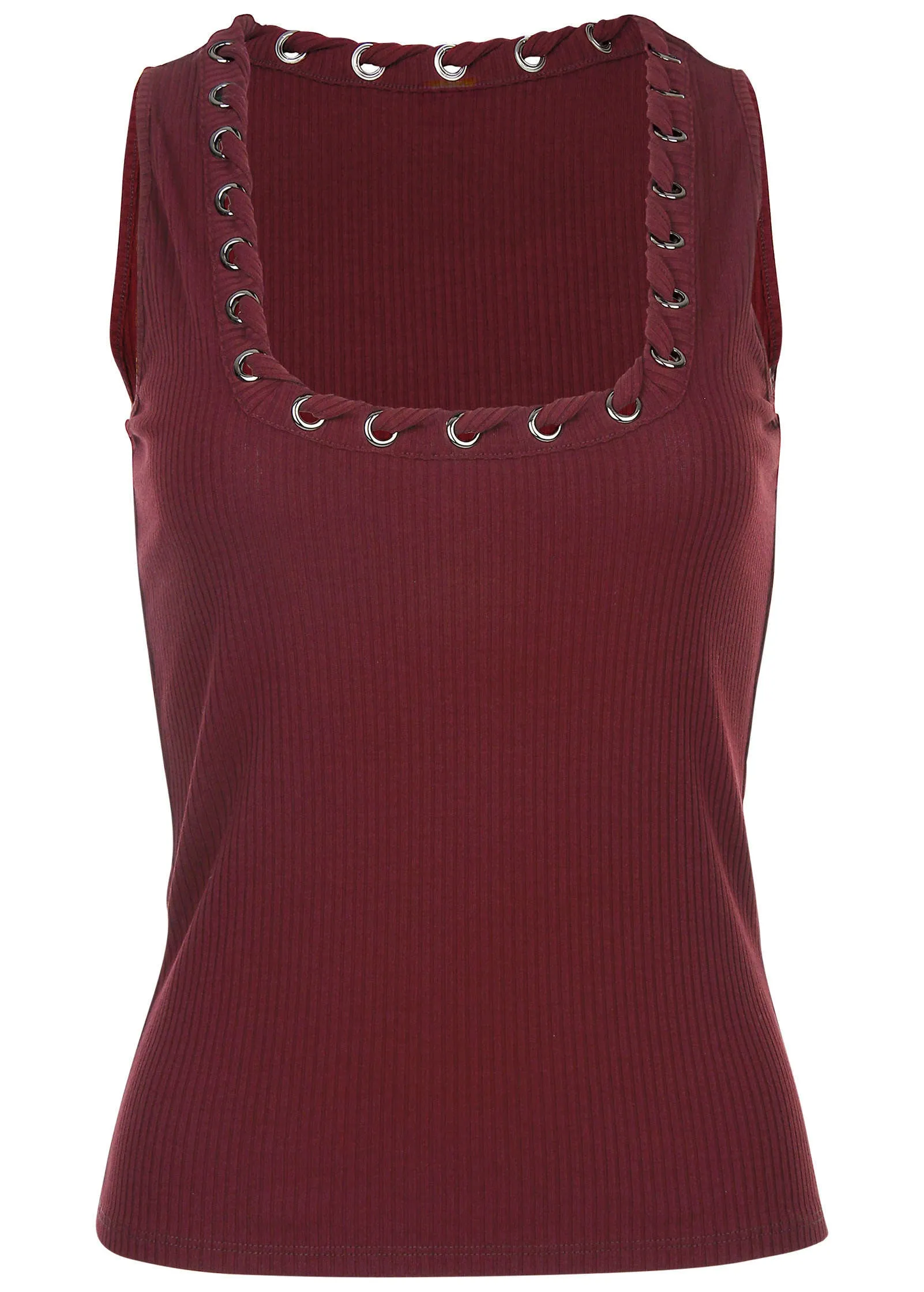 Lace-Up Square Neck Tank - Wine