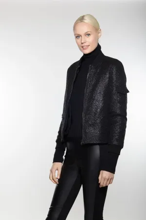 LINDA RICHARDS- Metallic Jewel Neckline Bomber Style Zipper Closure Jacket Black