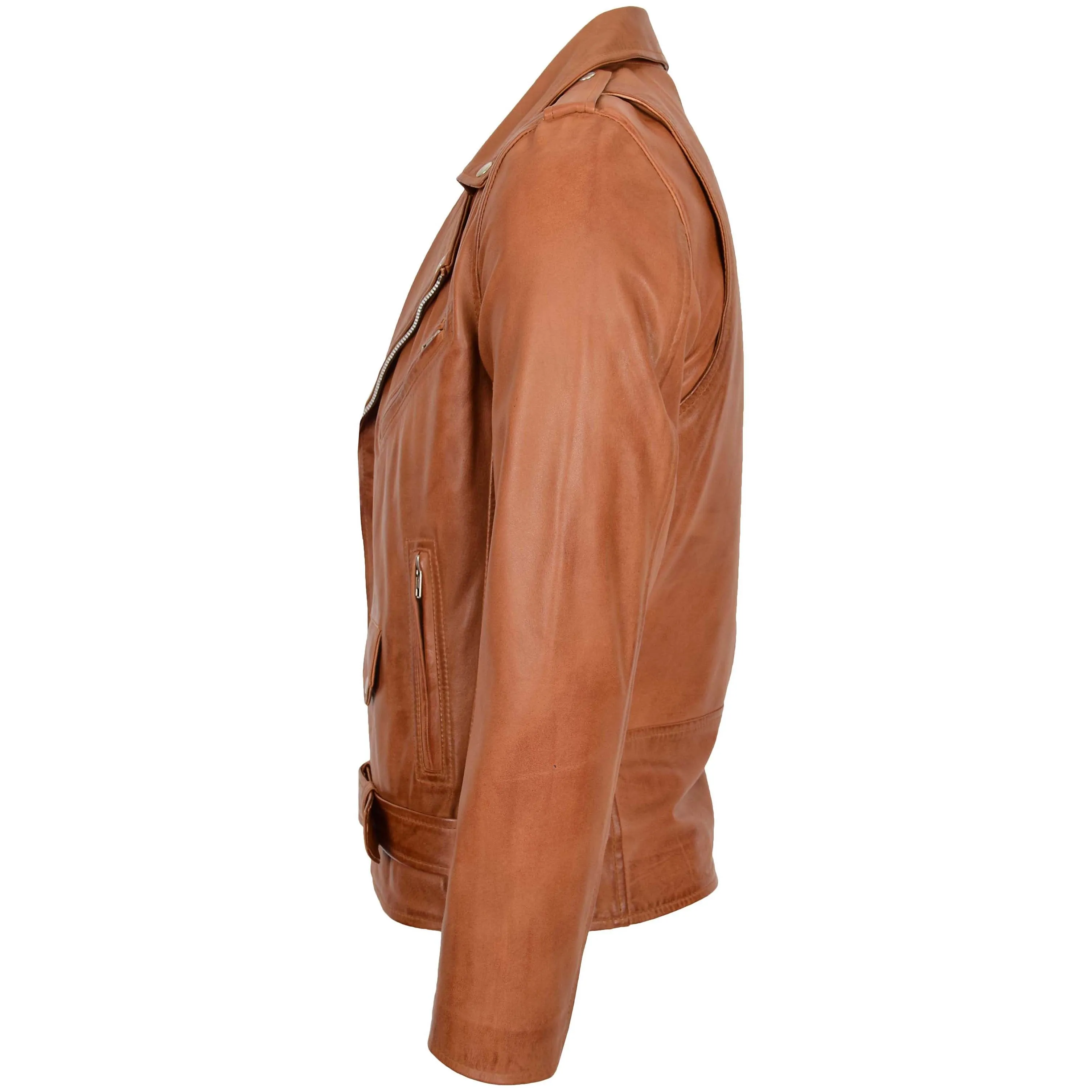 Mens Leather Biker Jacket Brando Style Johnny Tan