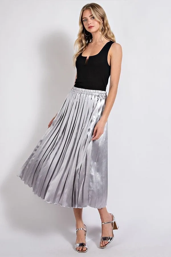 Metallic Pleated Midi Skirt