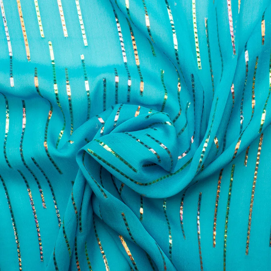 Multi Metallic Lined Turquoise Silk Georgette