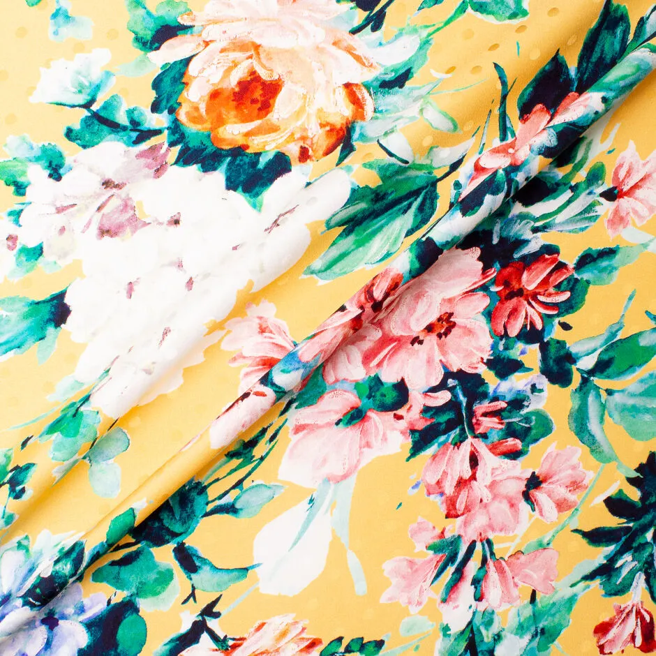 Orange & Coral Floral Printed Daffodil Yellow Silk Jacquard