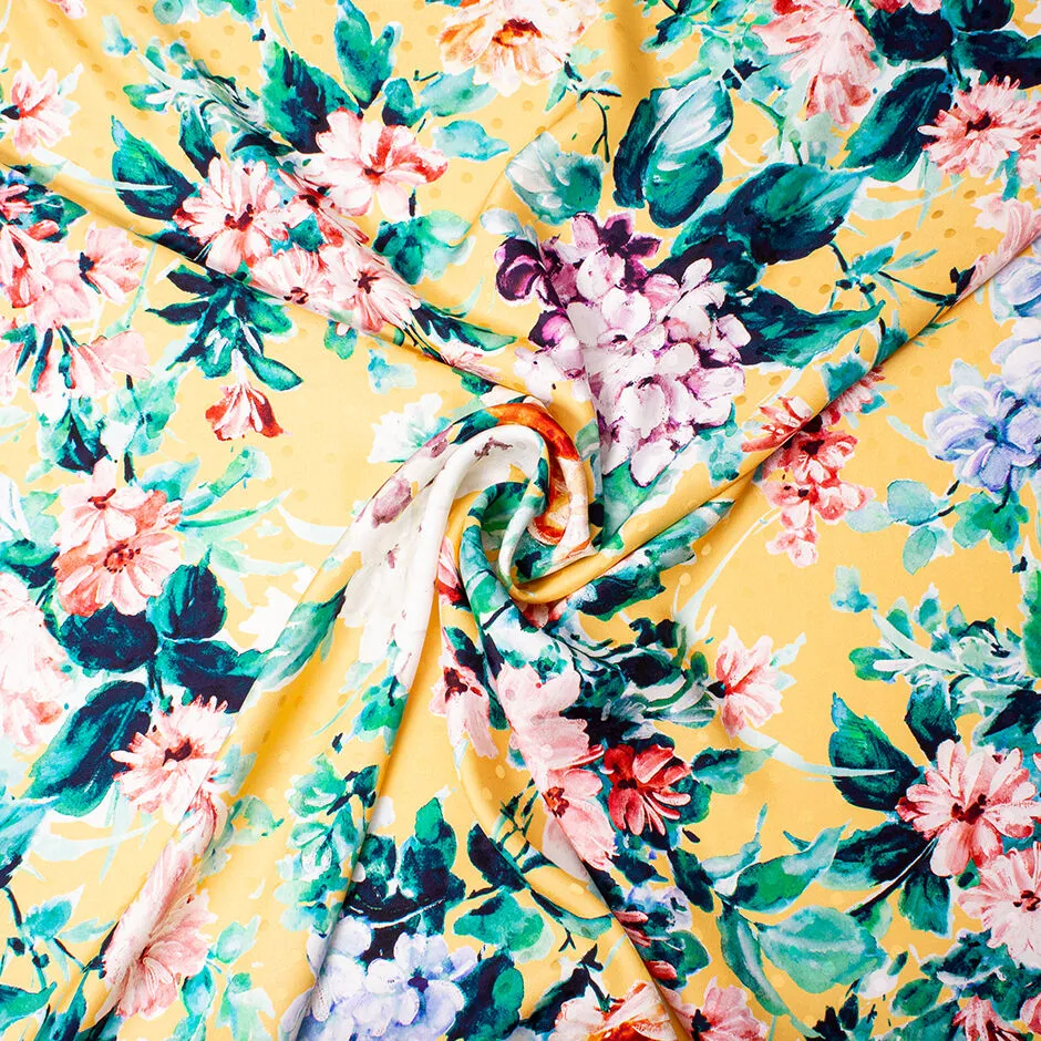 Orange & Coral Floral Printed Daffodil Yellow Silk Jacquard