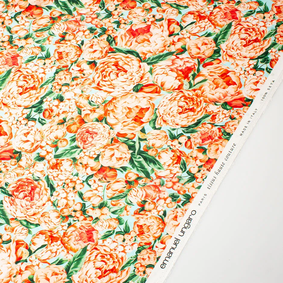 Orange Peony Floral Printed Silk Jacquard (A 2m Piece)