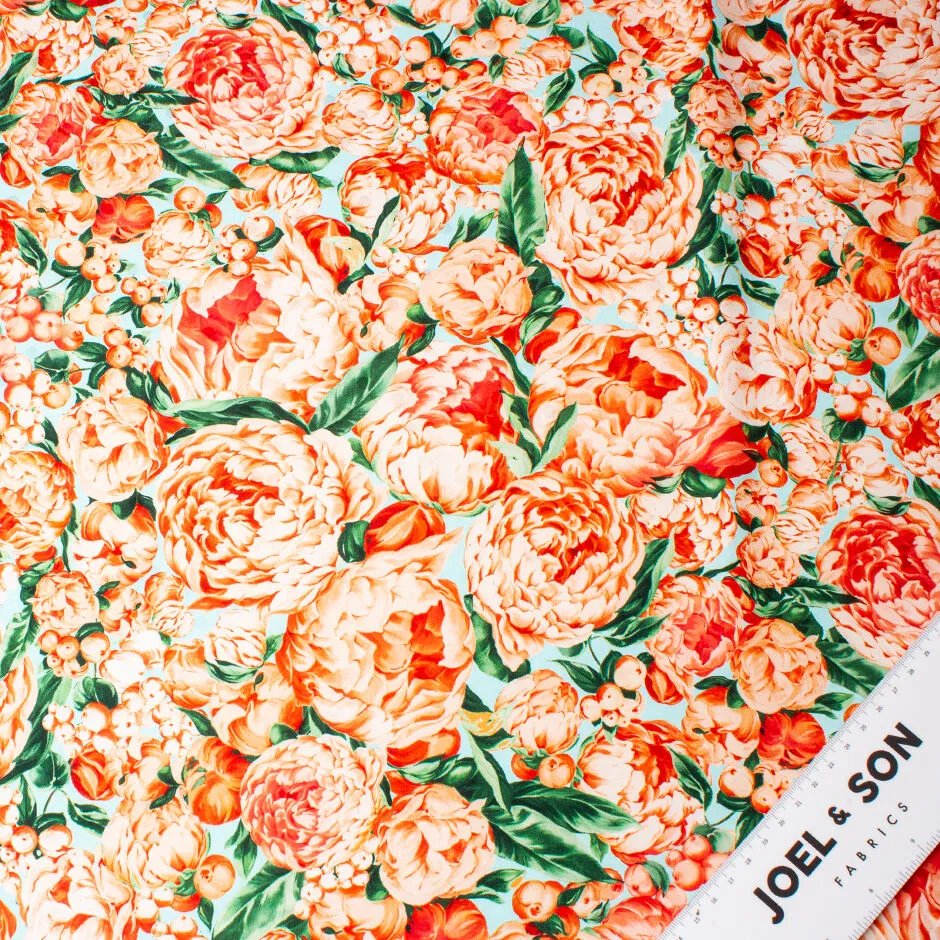 Orange Peony Floral Printed Silk Jacquard (A 2m Piece)