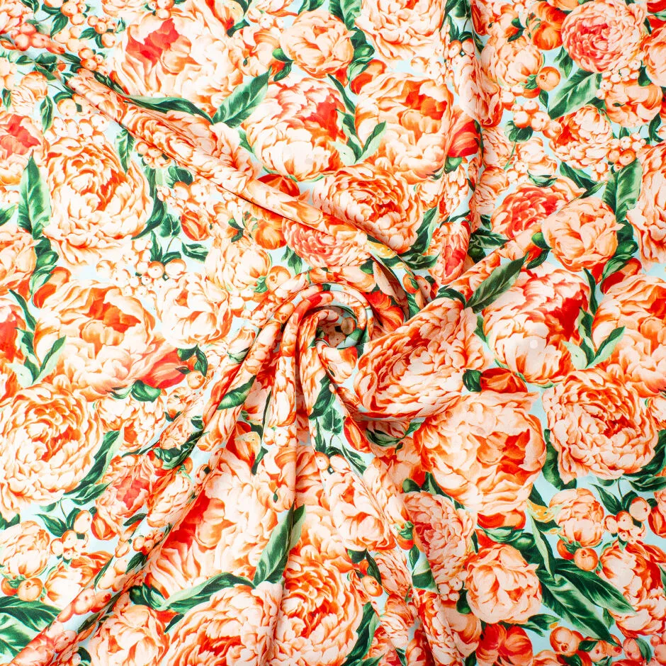 Orange Peony Floral Printed Silk Jacquard (A 2m Piece)