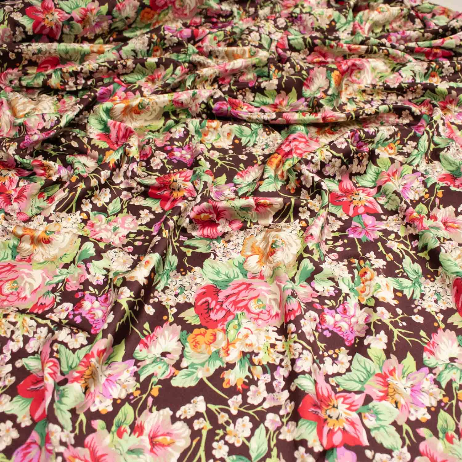 Printed Satin Pink & Cream Flower Blossom on Brown